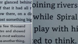 A close-up of the Kindle Voyage (top left), Kindle Paperwhite (2015) (right) and Kobo Glo HD screens (bottom left)