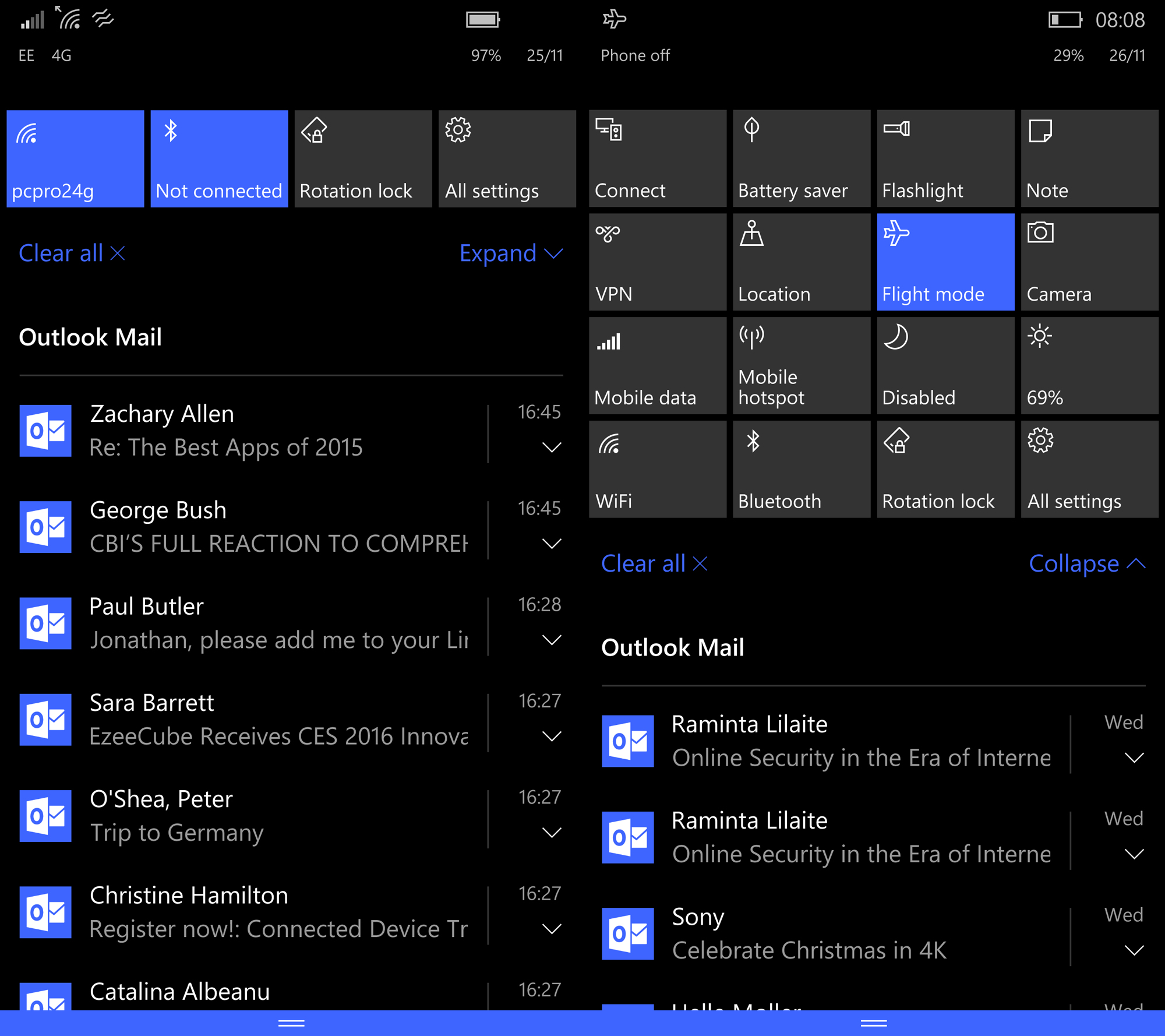 Windows 10 Mobile review: Notifications menu