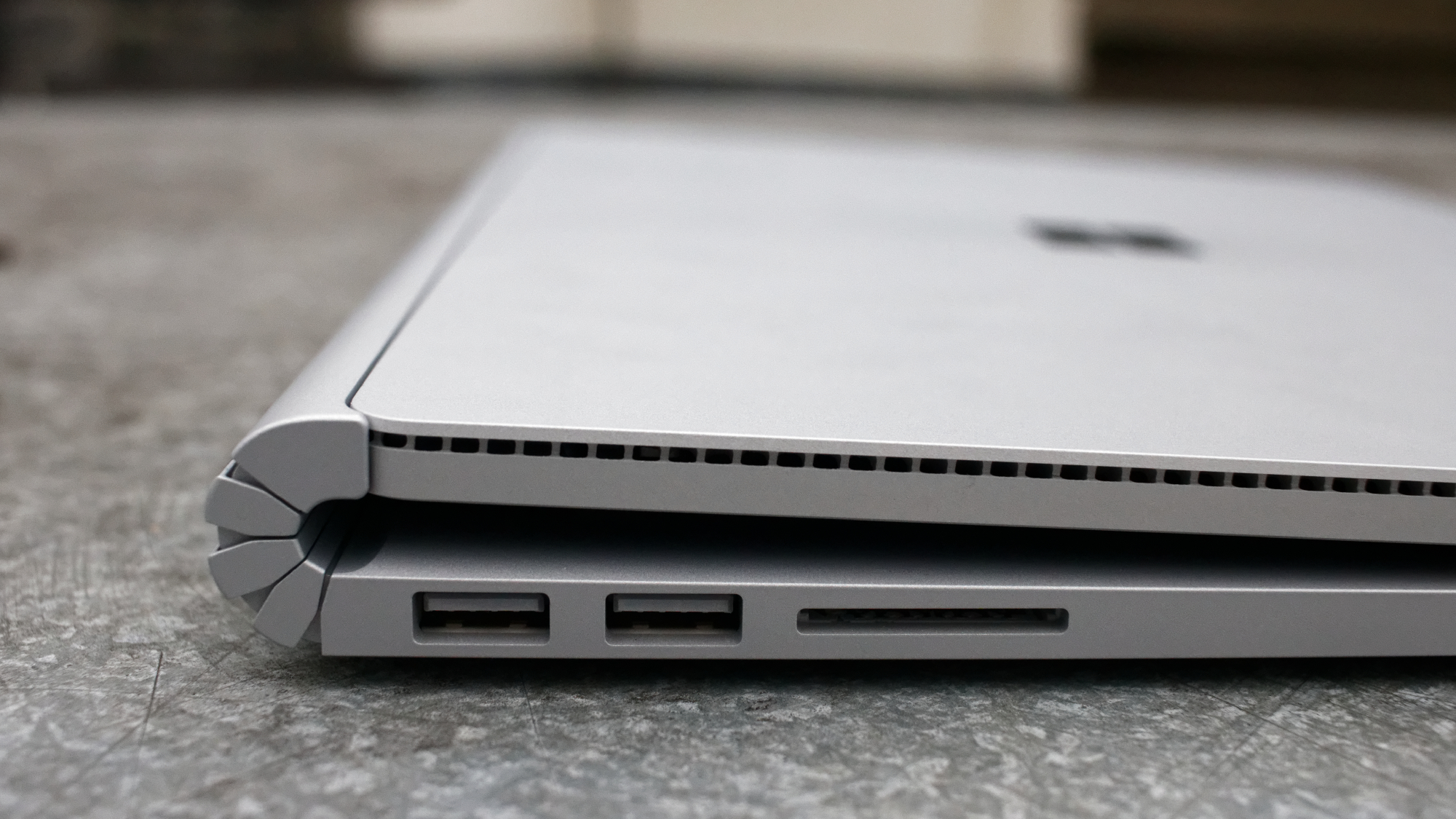 Microsoft Surface Book review: Left side, showing hinge and ports