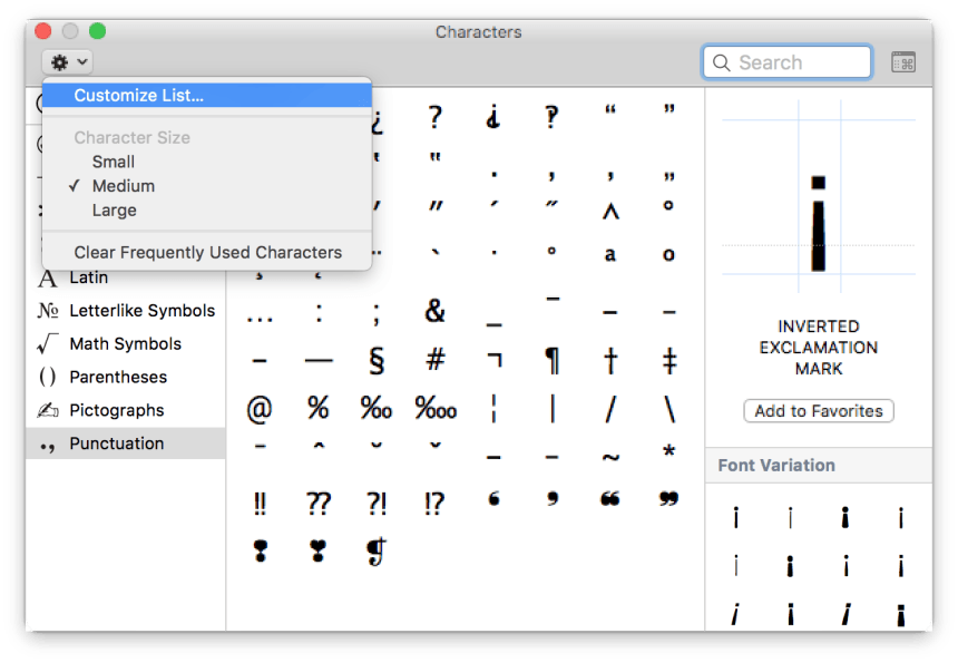 emojis and symbols customize list