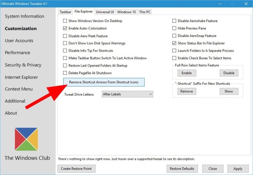 ultimate windows tweaker remove shortcut arrow