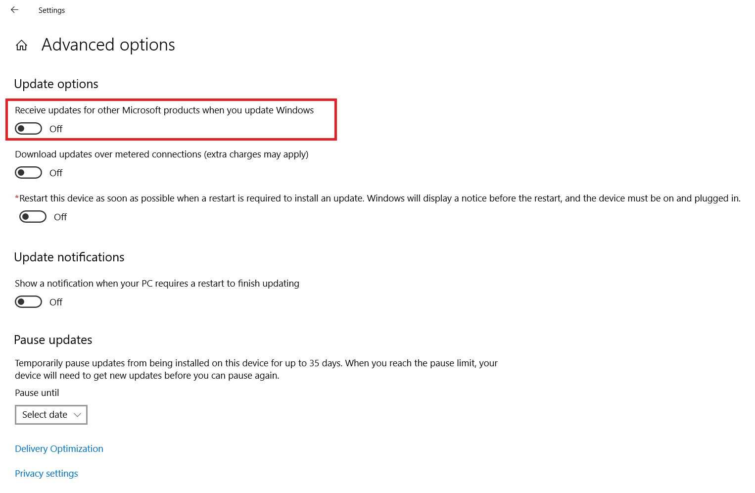 Windows Update menu - Advanced