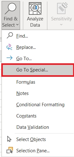Find and Select menu