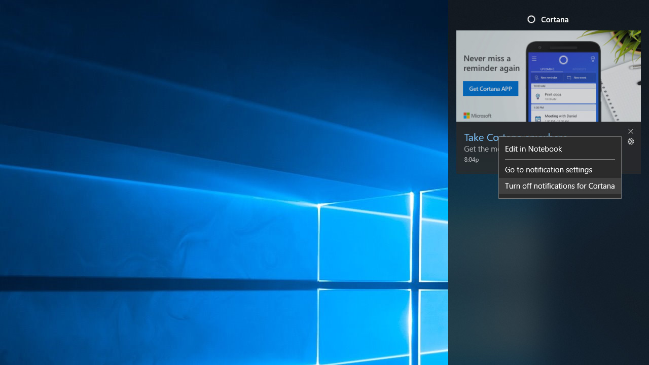 cortana notification action center
