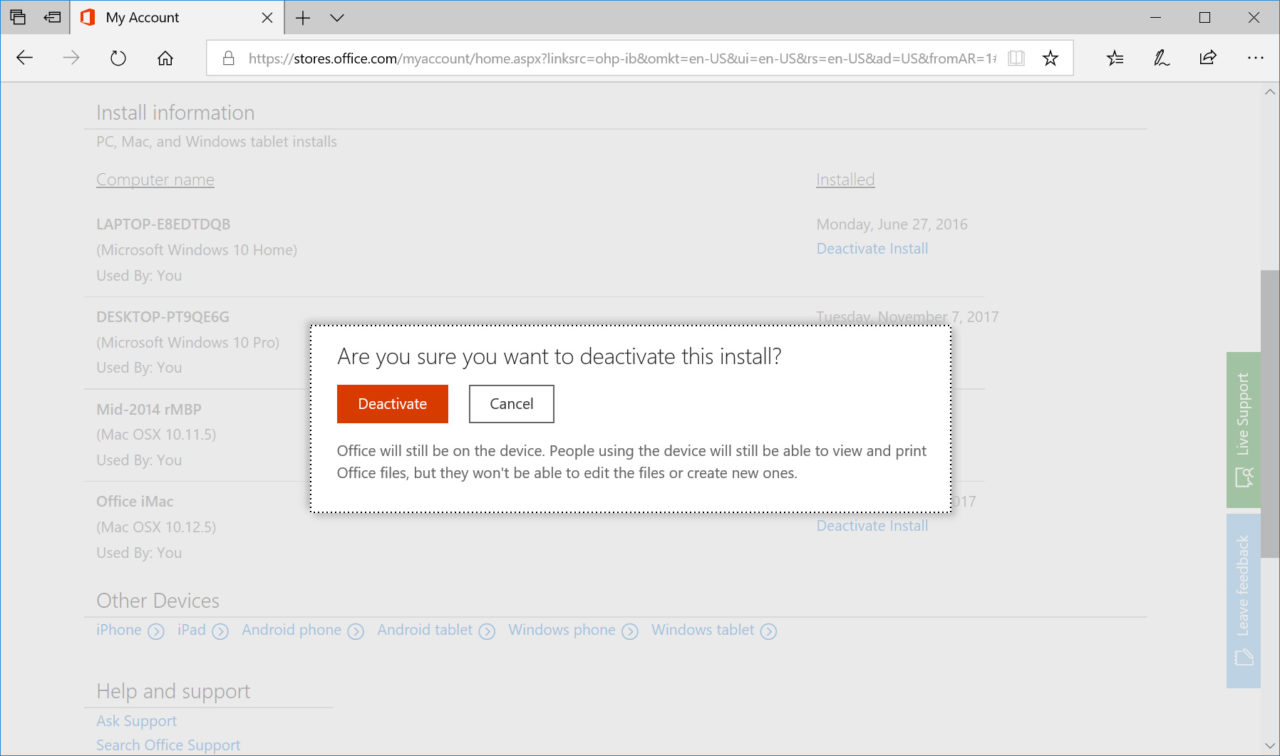 deactivate office 365 confirmation