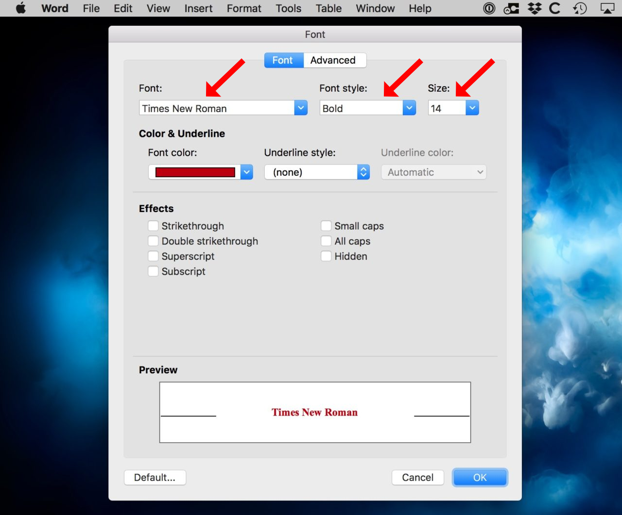 reset default settings in word