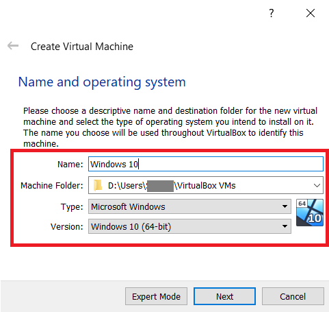 VirtualBox creation menu