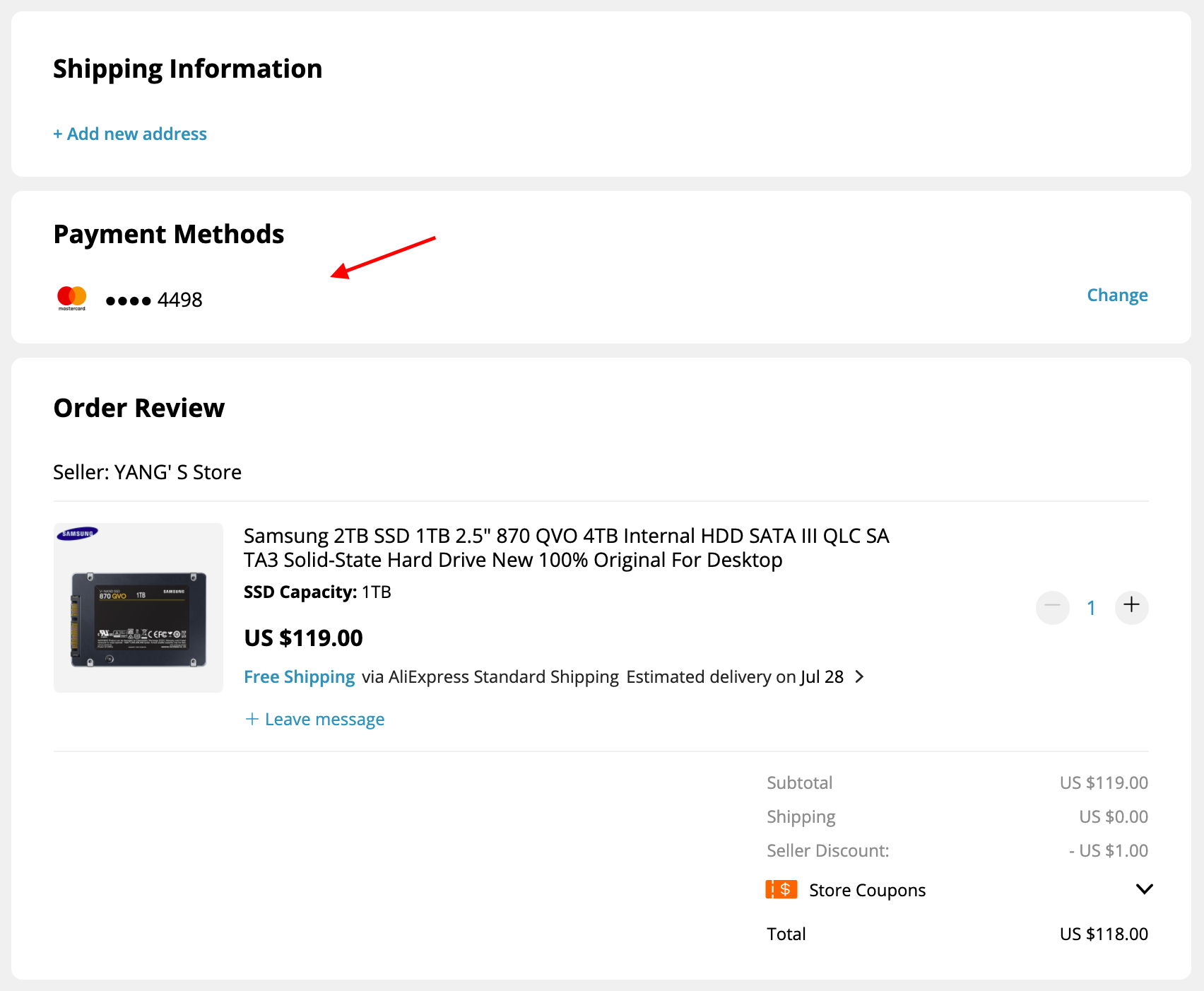 How to Add or Remove or Change a Card on AliExpress