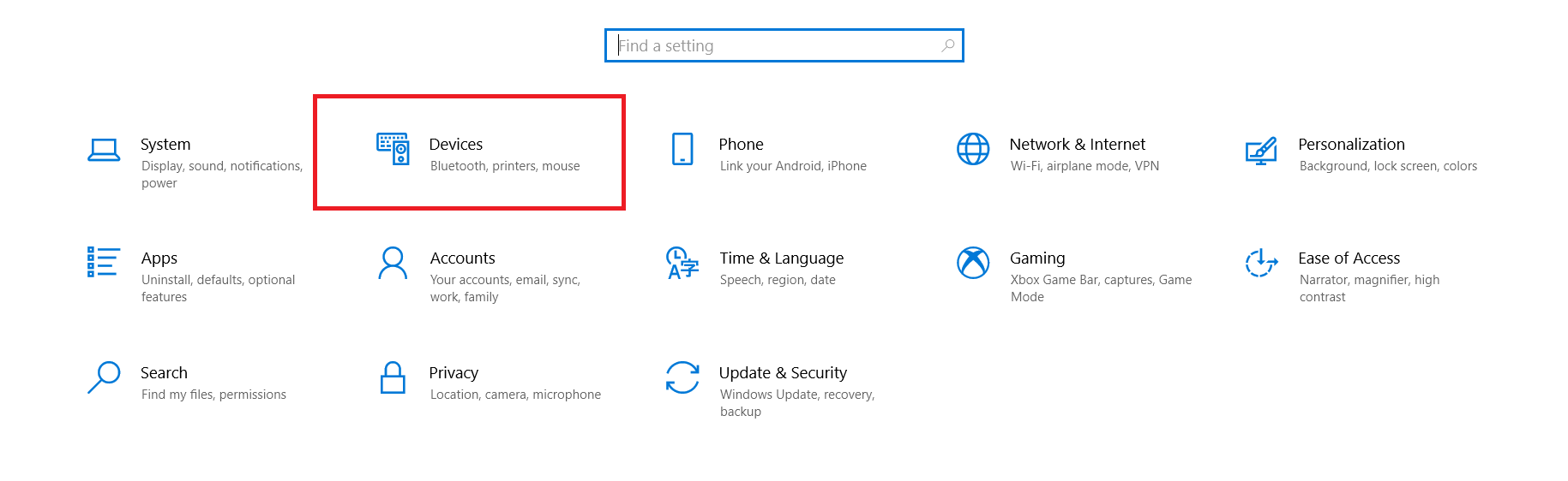 Windows 10 Settings menu.
