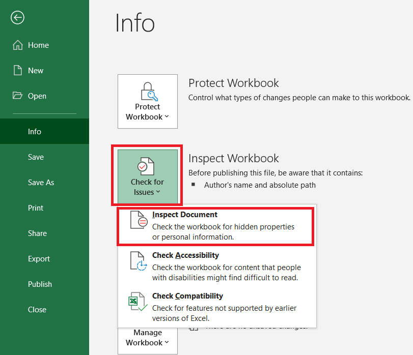 Excel Info menu