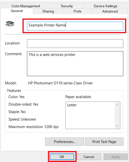 Printer properties menu