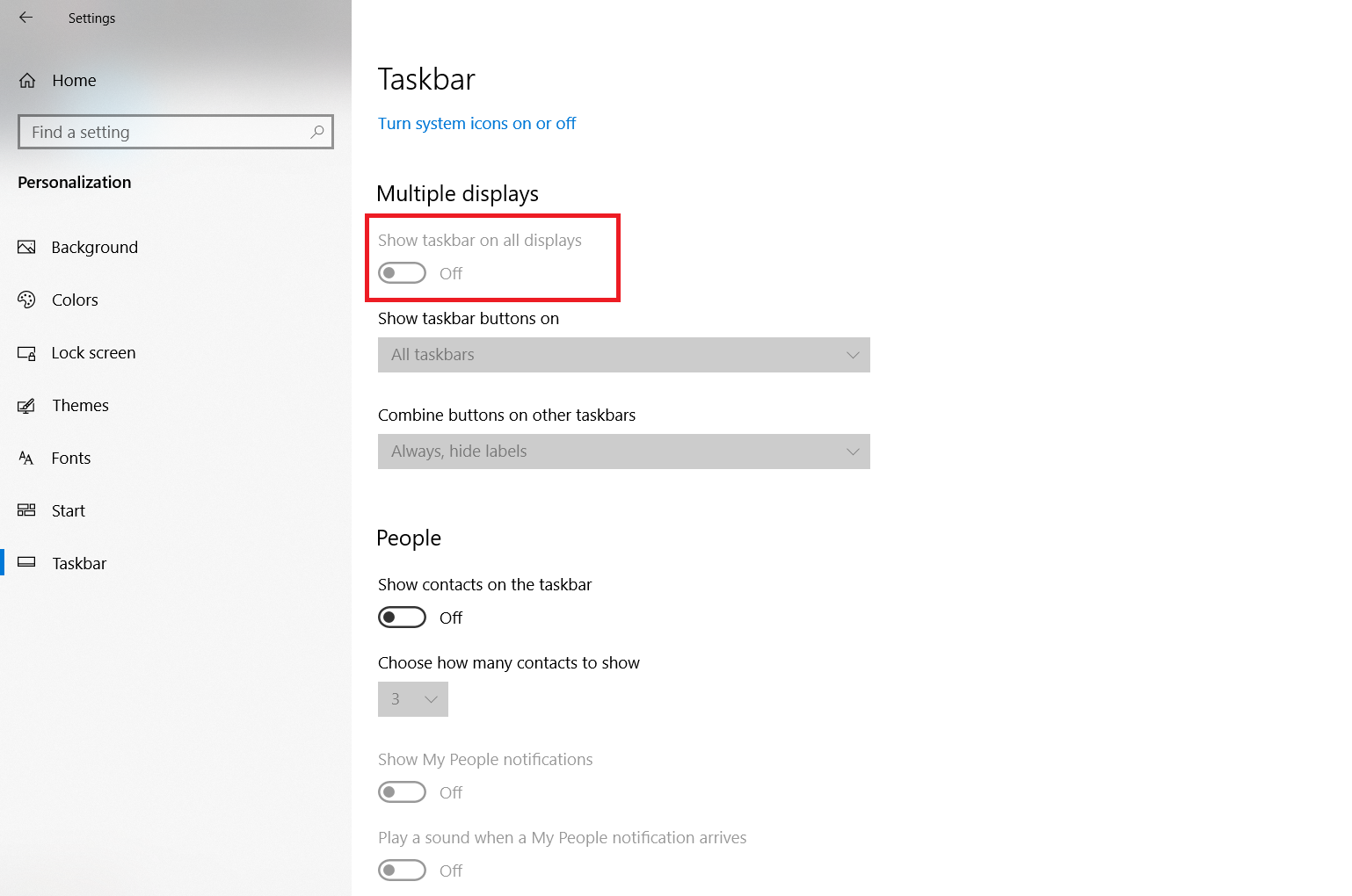 Windows Taskbar settings page.