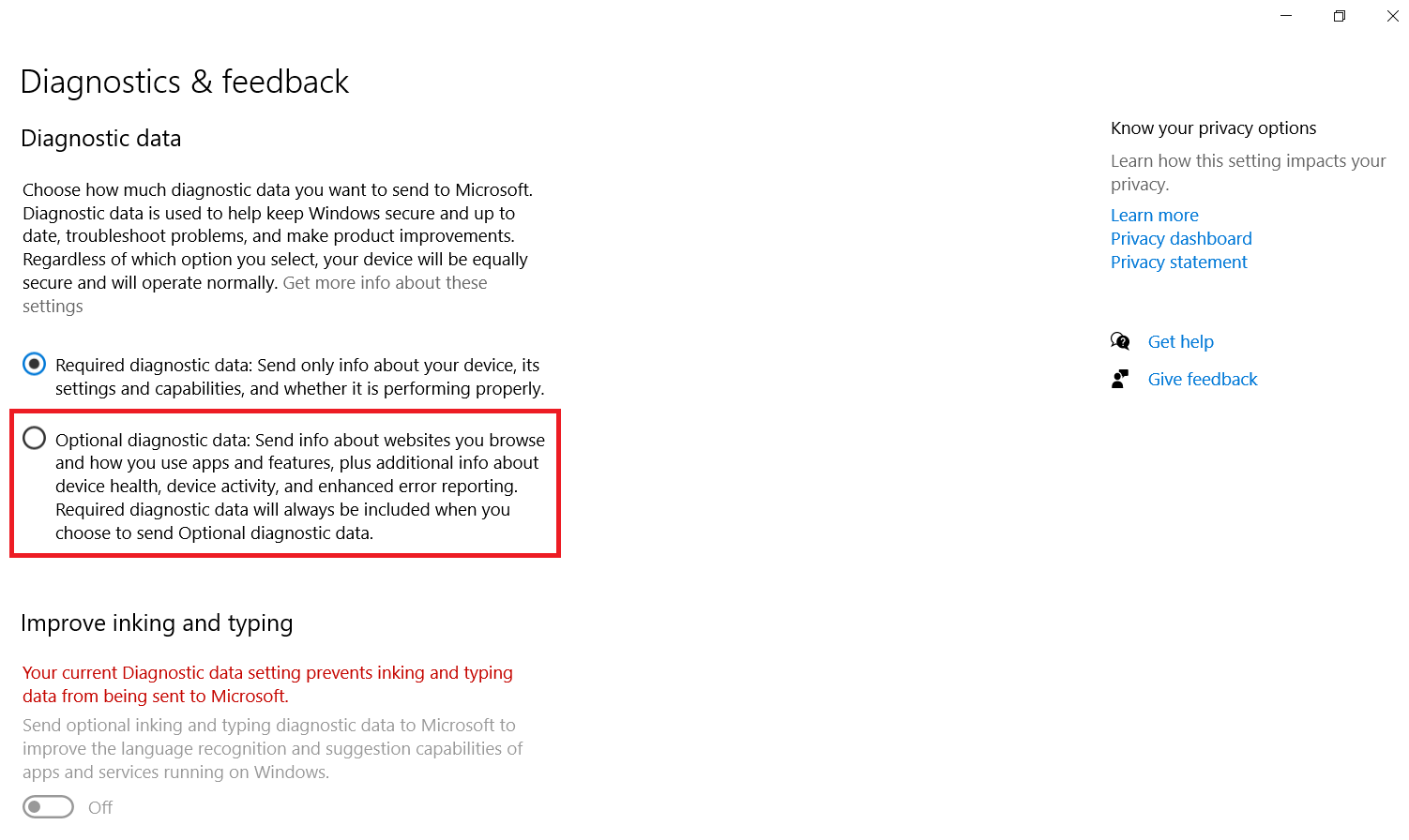 Windows Diagnostic and feedback menu