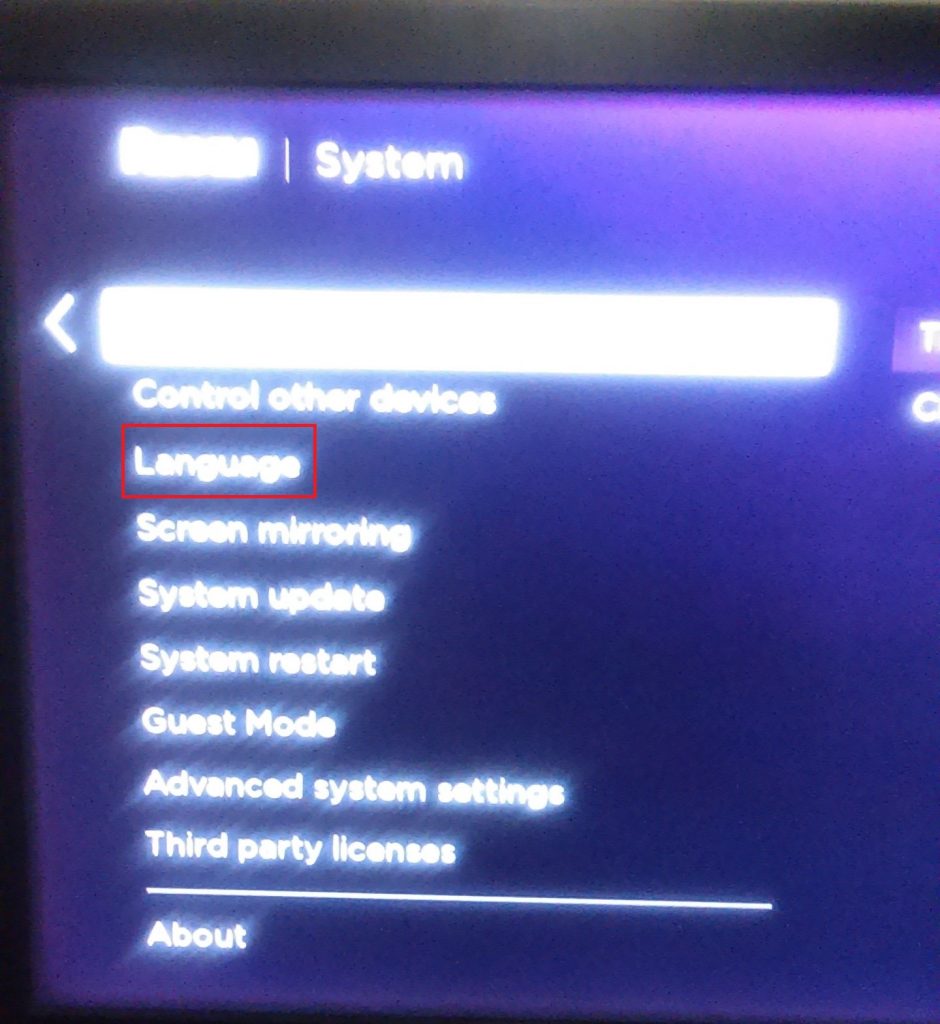 Roku settings page for language