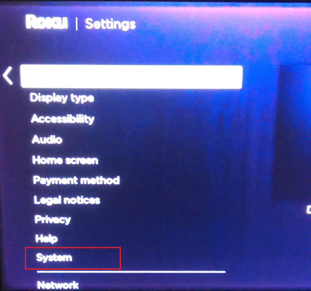Roku Settings menu