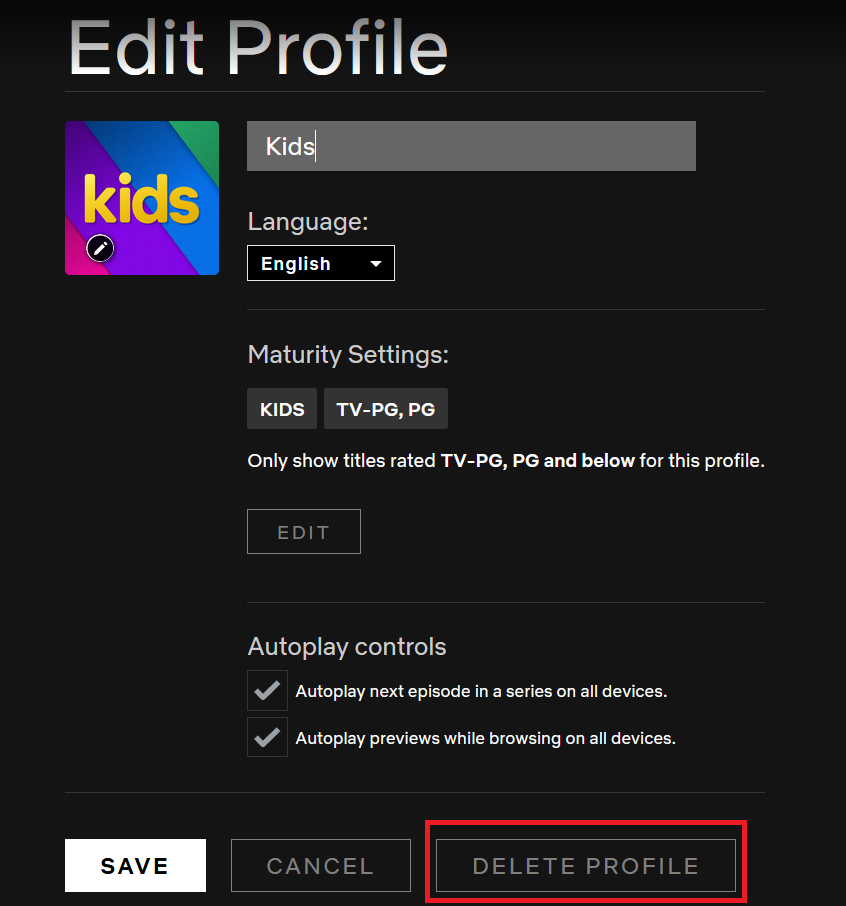 Netflix Edit Profile page