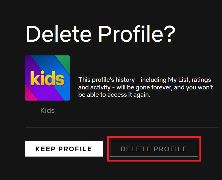 Netflix Delete Profile confirmation page