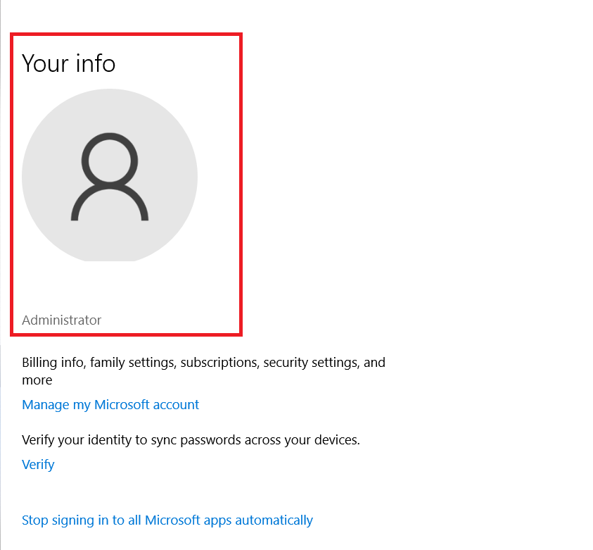 Windows 10 User Info page