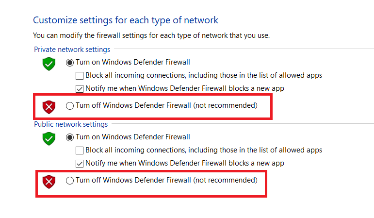 Windows Firewall settings