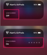 airpods live listen on and off