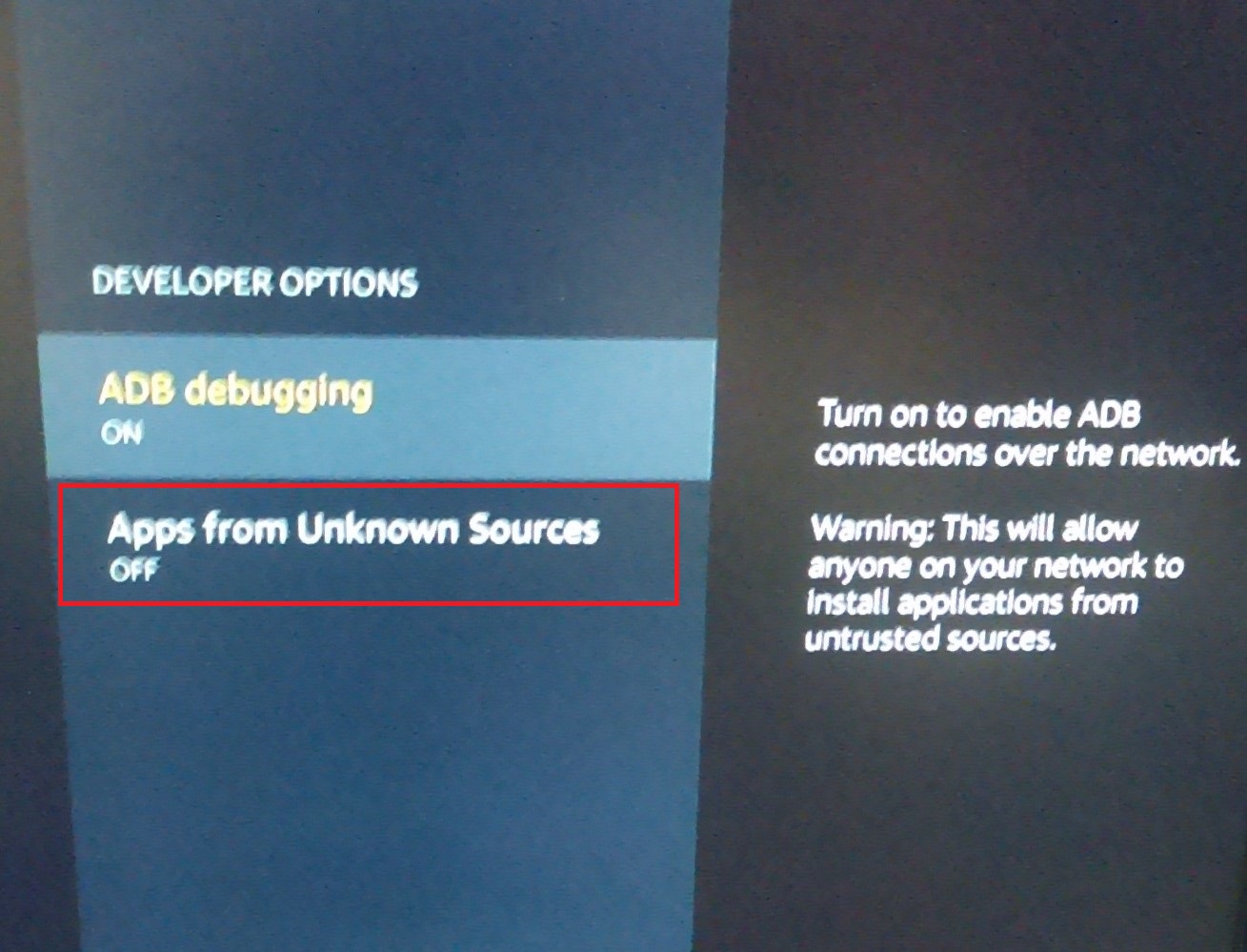 Fire TV Developer Options page