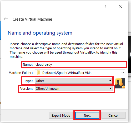VirtualBox Creation settings