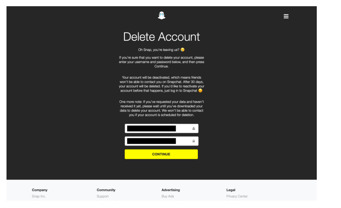 Snapchat Delete Account Confirmation page