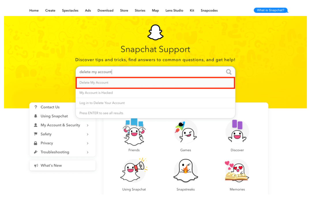 Snapchat Support Search bar