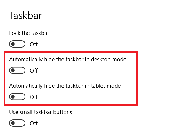Taskbar Settings page
