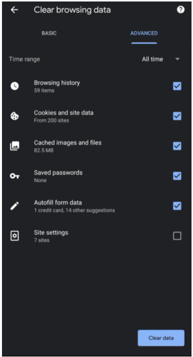 Chrome Clear Browser Data submenu - iPhone
