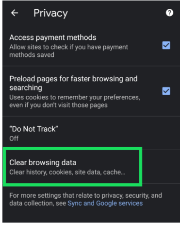 Chrome Privacy menu - Android