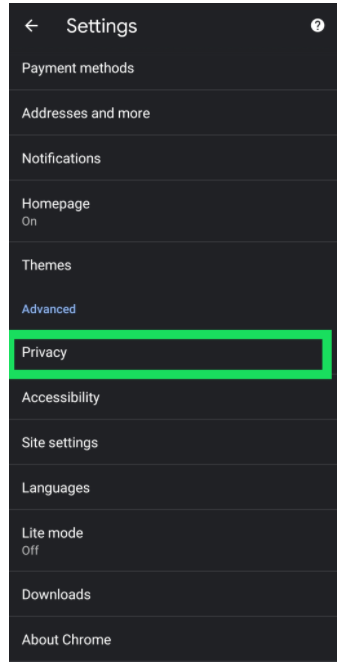 Chrome Settings menu - Android