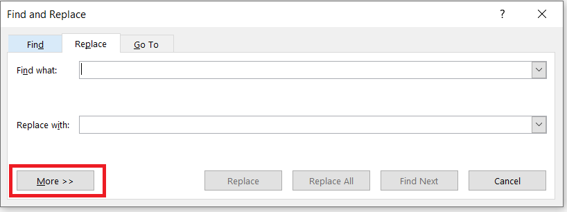 Microsoft Word - Find and Replace window