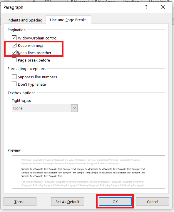 Microsoft Word Paragraph Settings - Line and Page Breaks 2