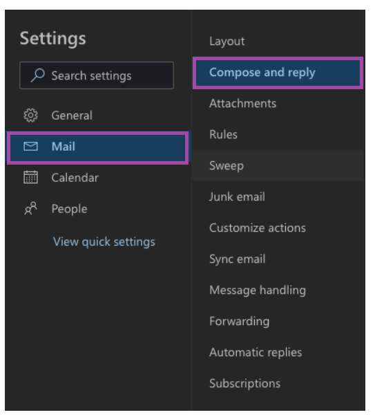Outlook Email - Browser - Mail Settings
