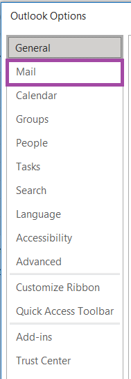 Outlook Options Menu