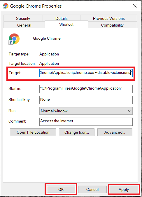 Chrome Browser - Properties window 2