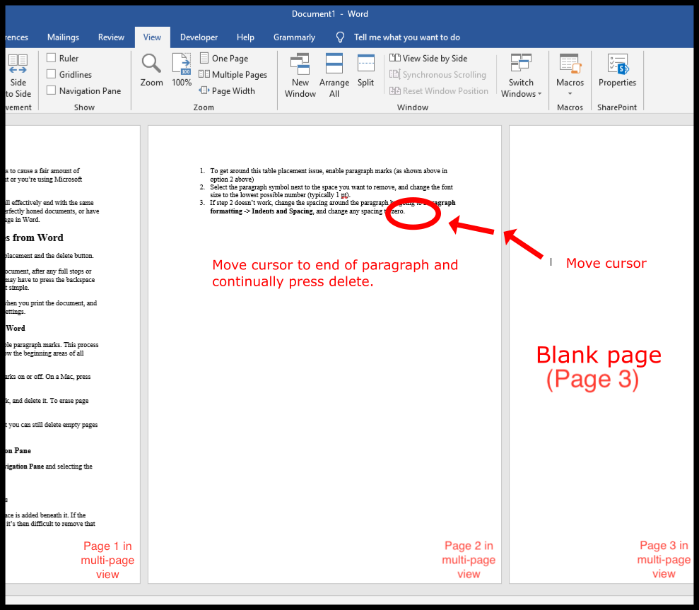 word formatting marks in table