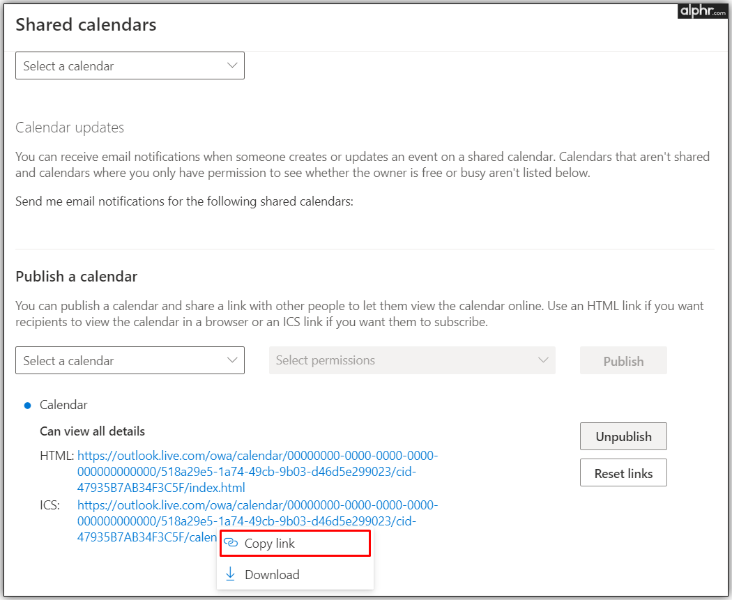 Outlook Calendar ICS sharing page