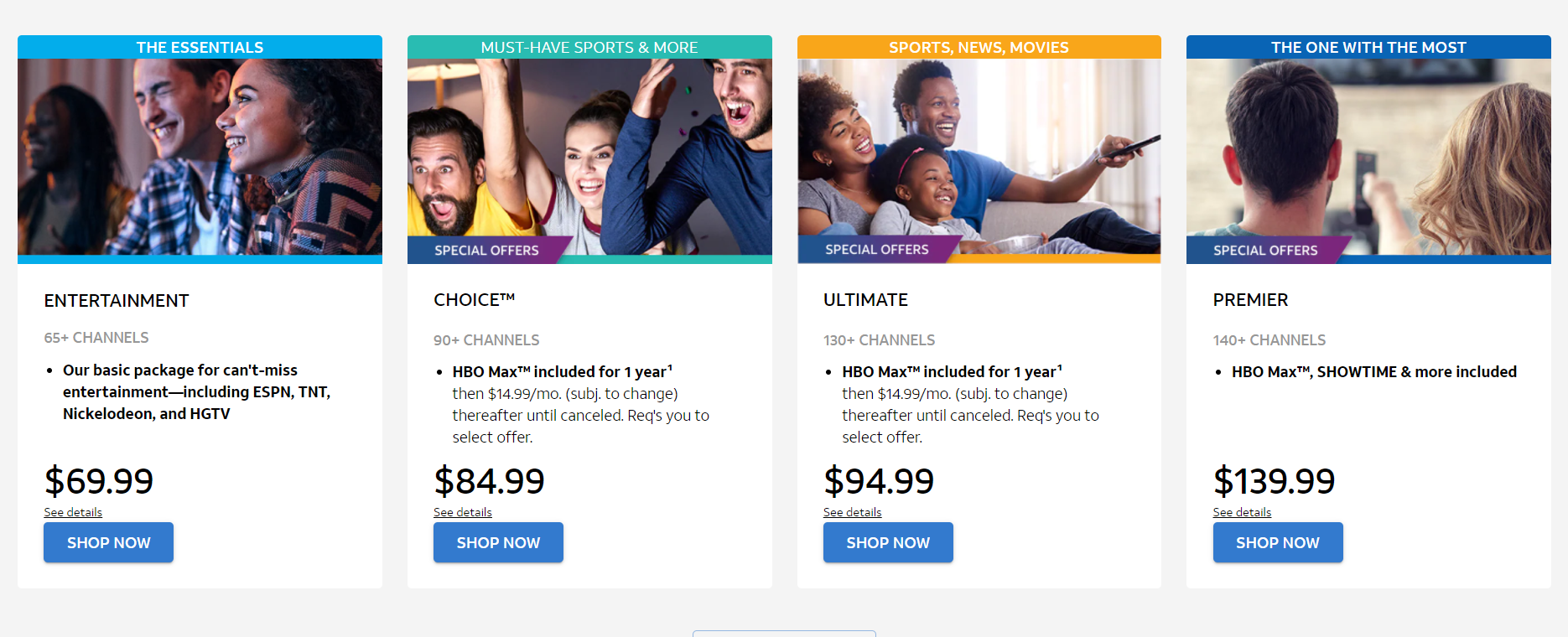 AT&T TV Now Pricing page