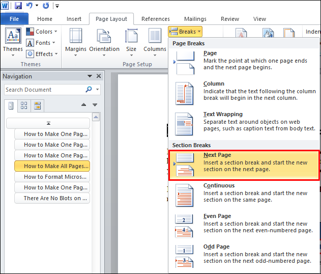 change orientation of one page in word mac