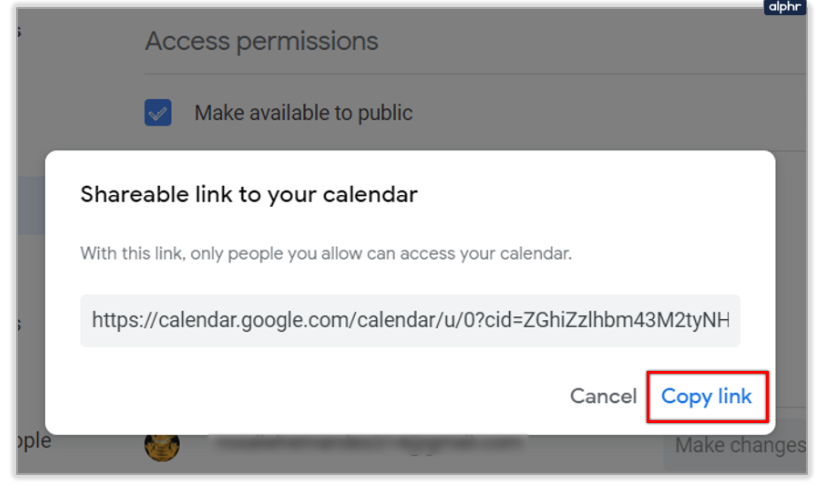 Google Calendar Shareable Link window