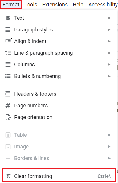 Google Docs Format Menu - Clear formatting