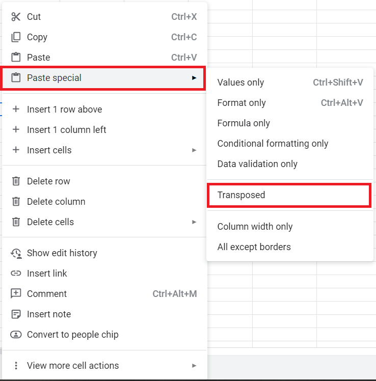 Google Sheets - Paste Special Menu