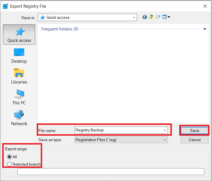 Registry Editor -Export menu