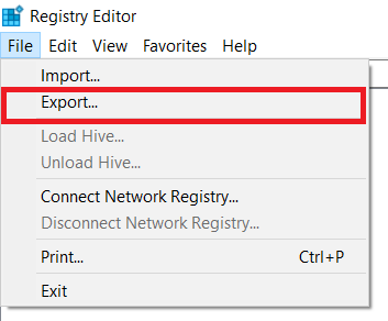 Registry Editor File Menu - Export