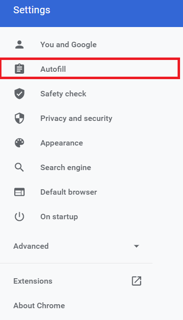 Chrome Settings Side Menu - Autofill
