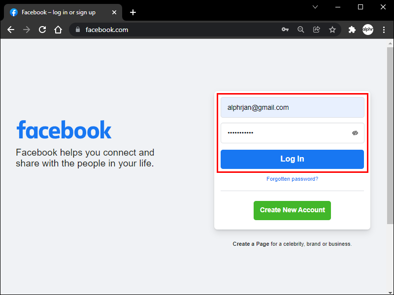 Facebook login account password