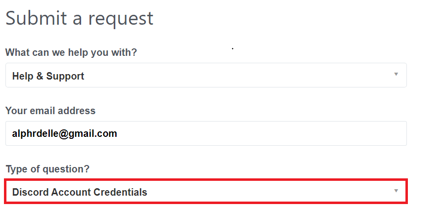 Discord App Submit a Request - Type of Question