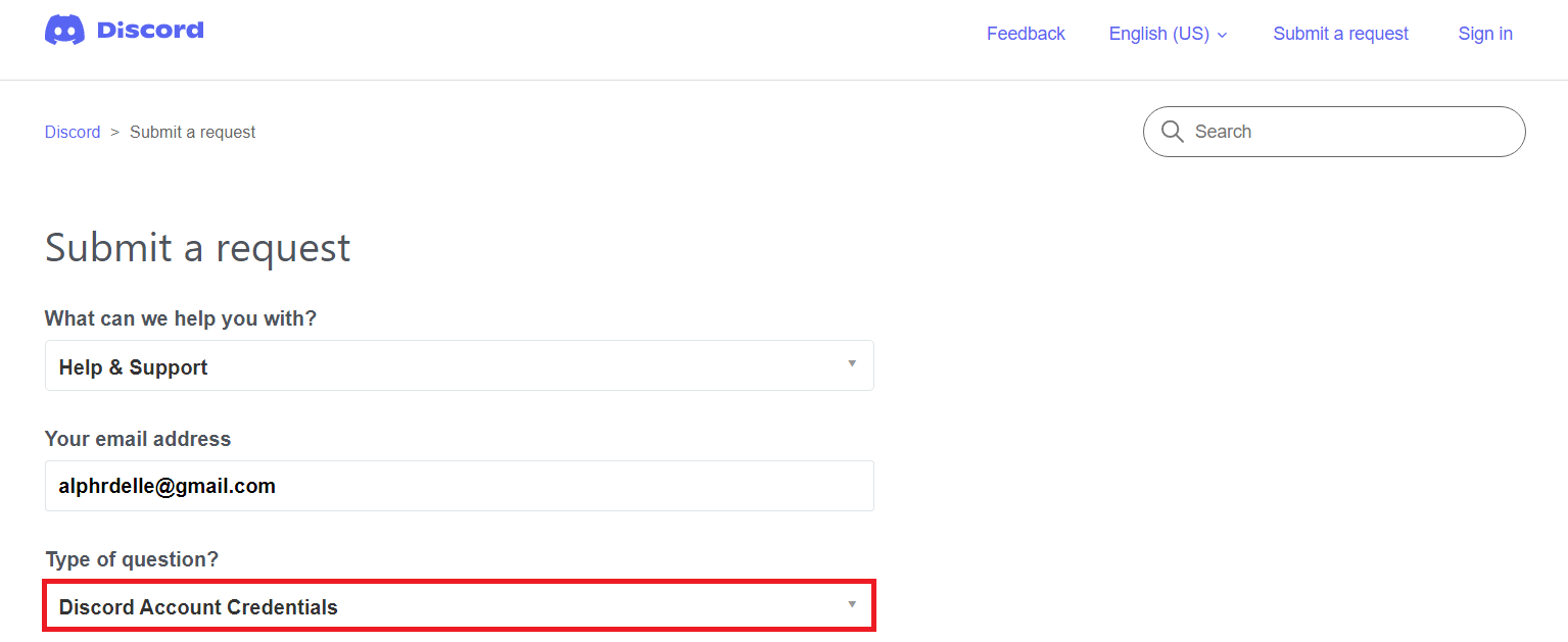 Discord Submit a Request - Type of Question